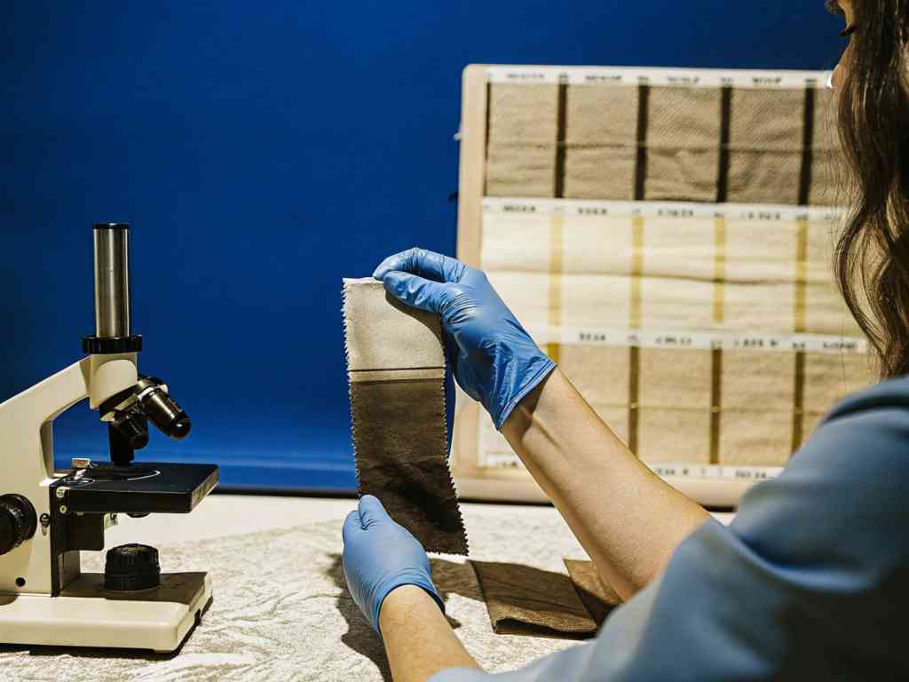 Scientist examining fabric swatch with microscope and gloves