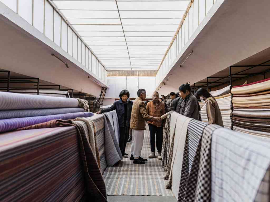 People negotiating and browsing textiles in a fabric market.