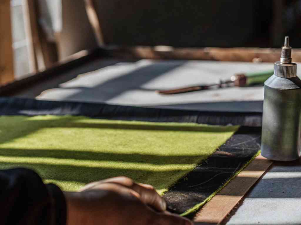 Green fabric piece on table with tools and glue bottle