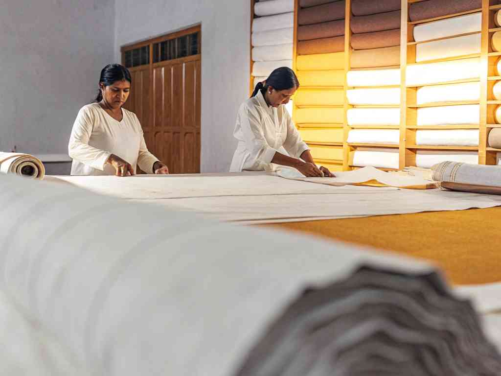 Two women working with large fabric rolls in a well-lit textile workshop.