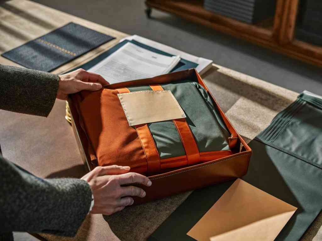 Hands opening box with green and orange textile sample