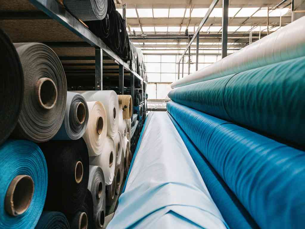 Large rolls of fabric in various colors stored in a textile warehouse.