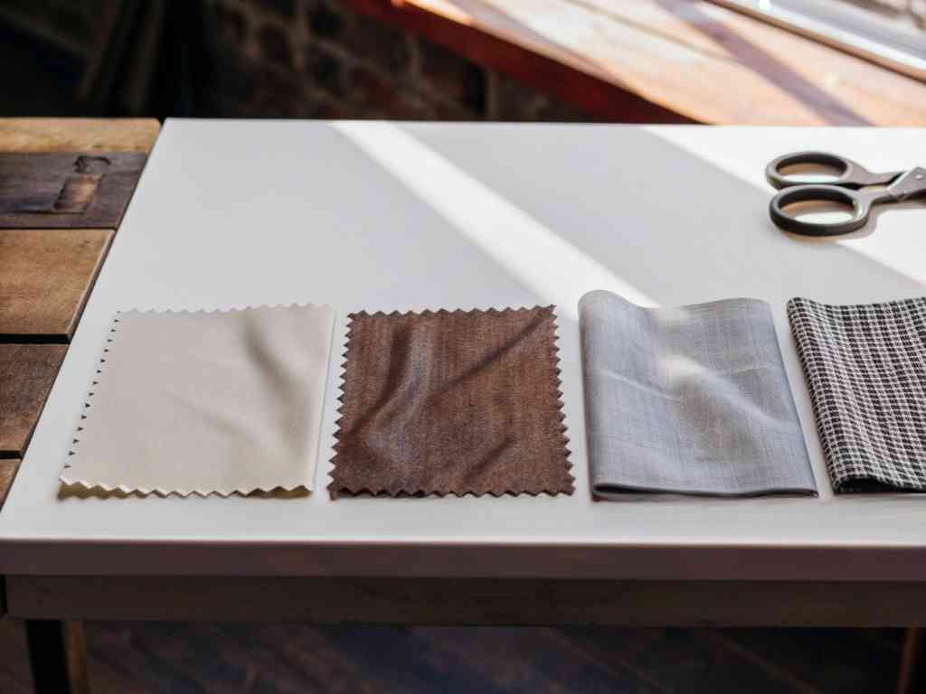 Four fabric swatches laid out on white table