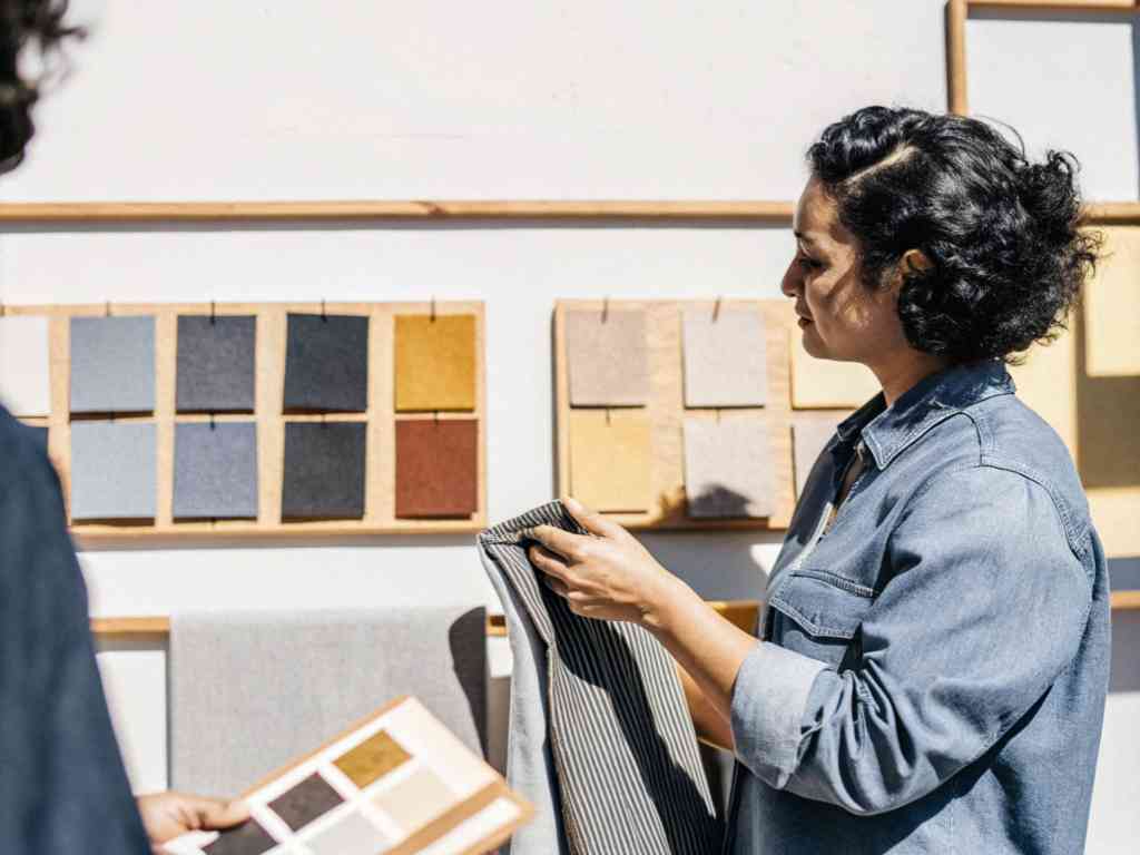 Woman comparing fabric swatches on wall display.