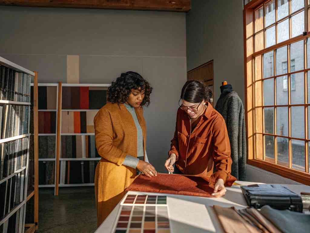 Two women examining fabric samples in sunlit design studio