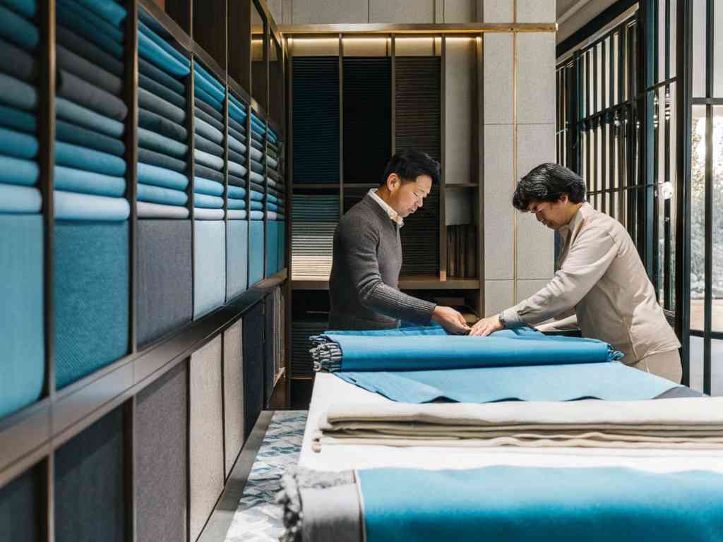 Two men examining blue fabric rolls in a textile showroom.