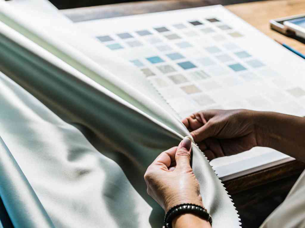 Hands inspecting light-colored fabric next to a color swatch book.