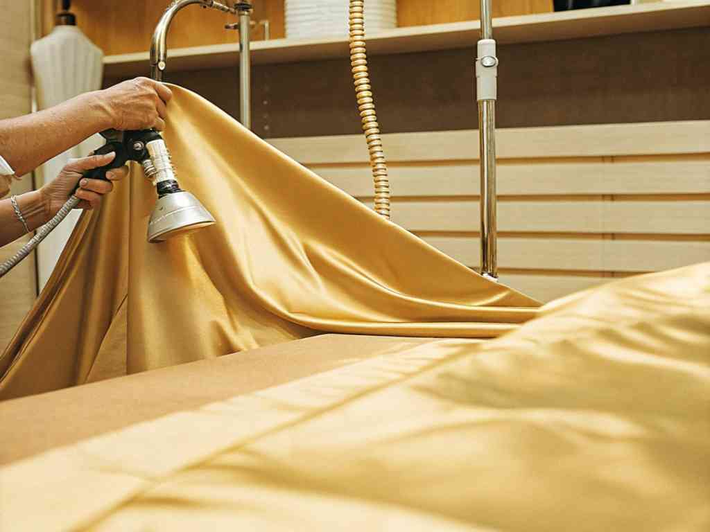 Person steaming gold satin fabric in workshop.