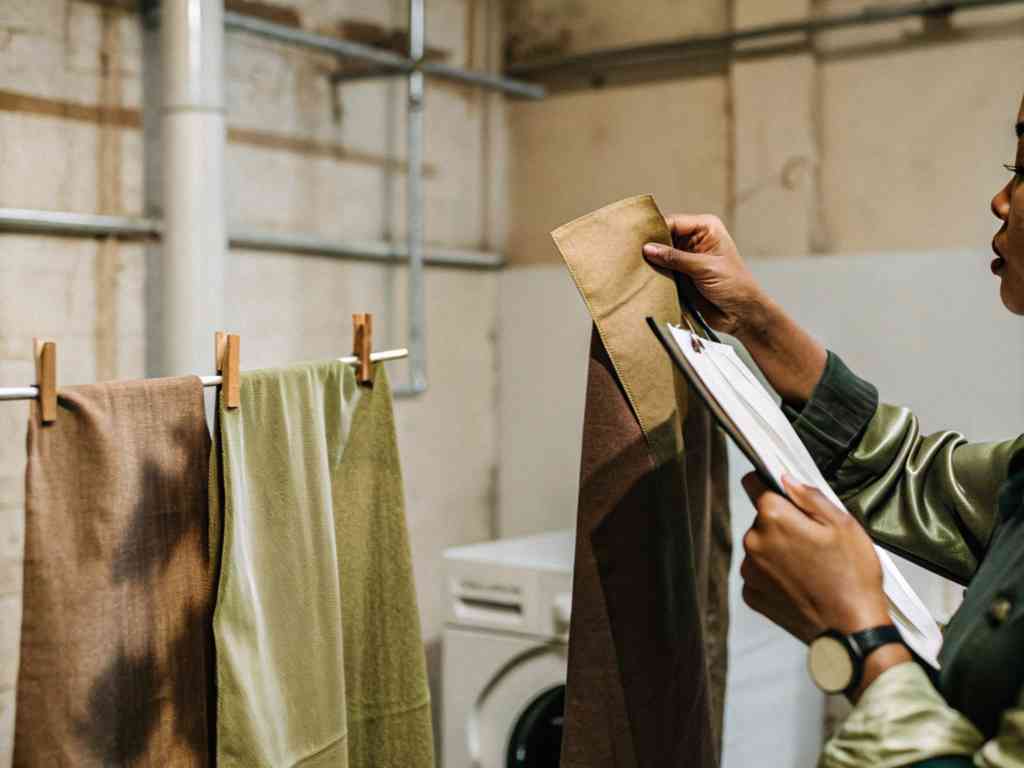 Person inspecting fabric samples after washing test.
