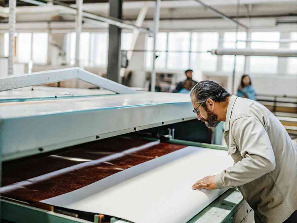 A factory worker carefully inspecting fabric in a textile production facility.