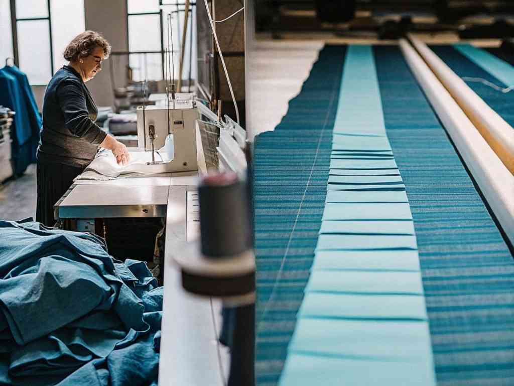 Woman sewing in factory with teal fabric stacks