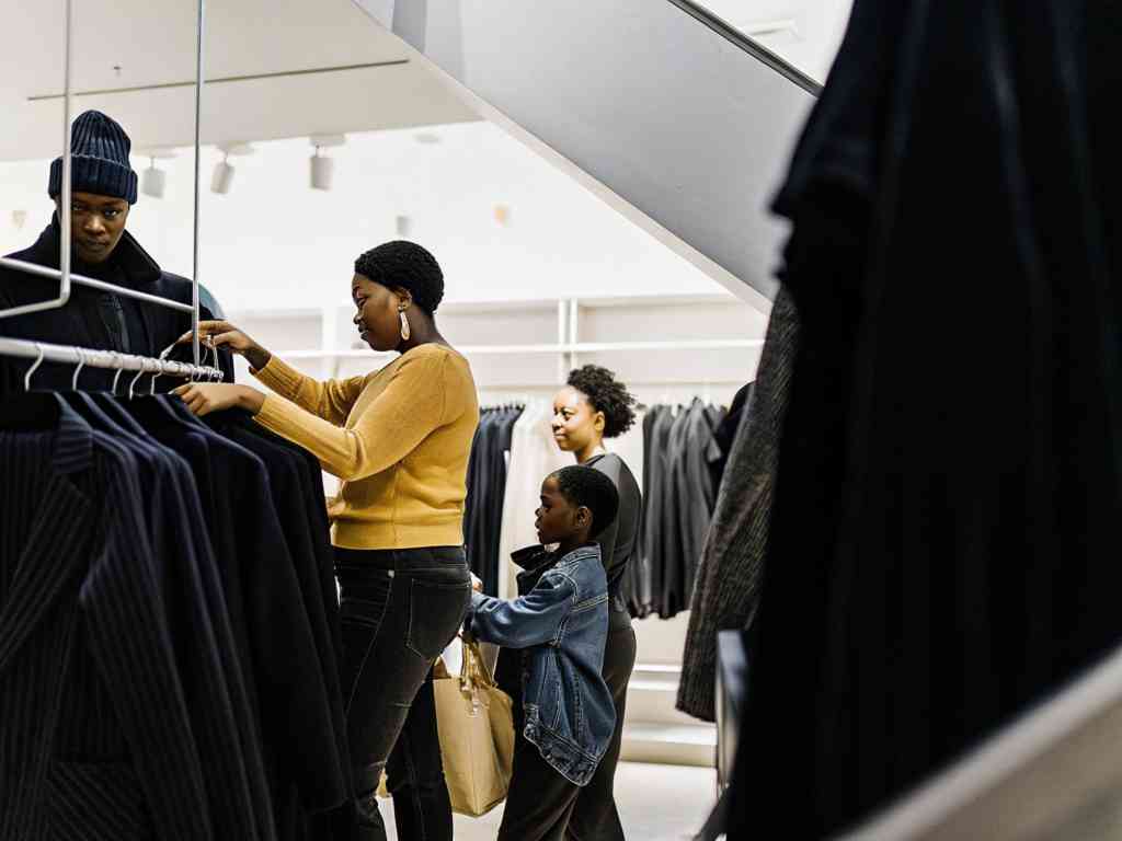 A family browsing clothing racks in a modern fashion store.