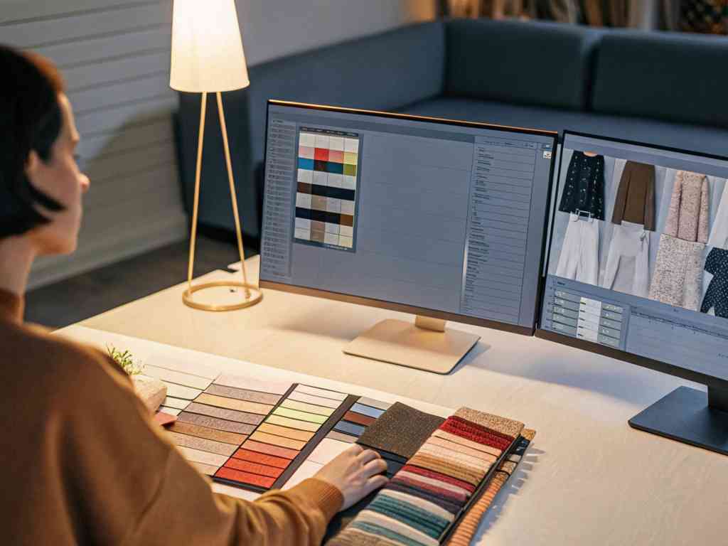 A designer selecting fabric colors while working on digital fashion designs.