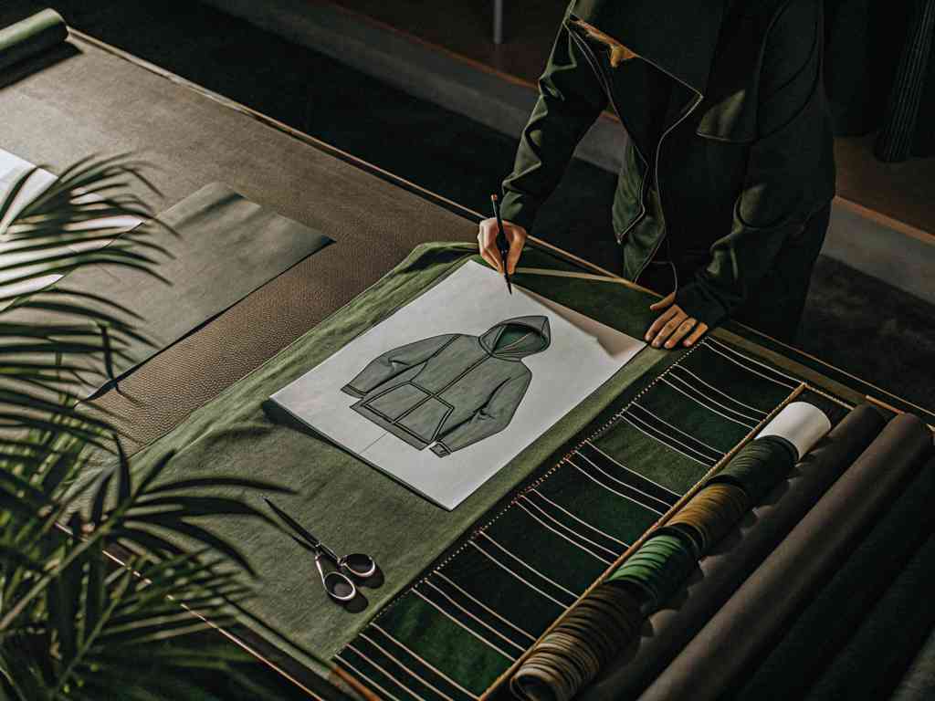 A designer sketching a green hoodie surrounded by fabric samples.