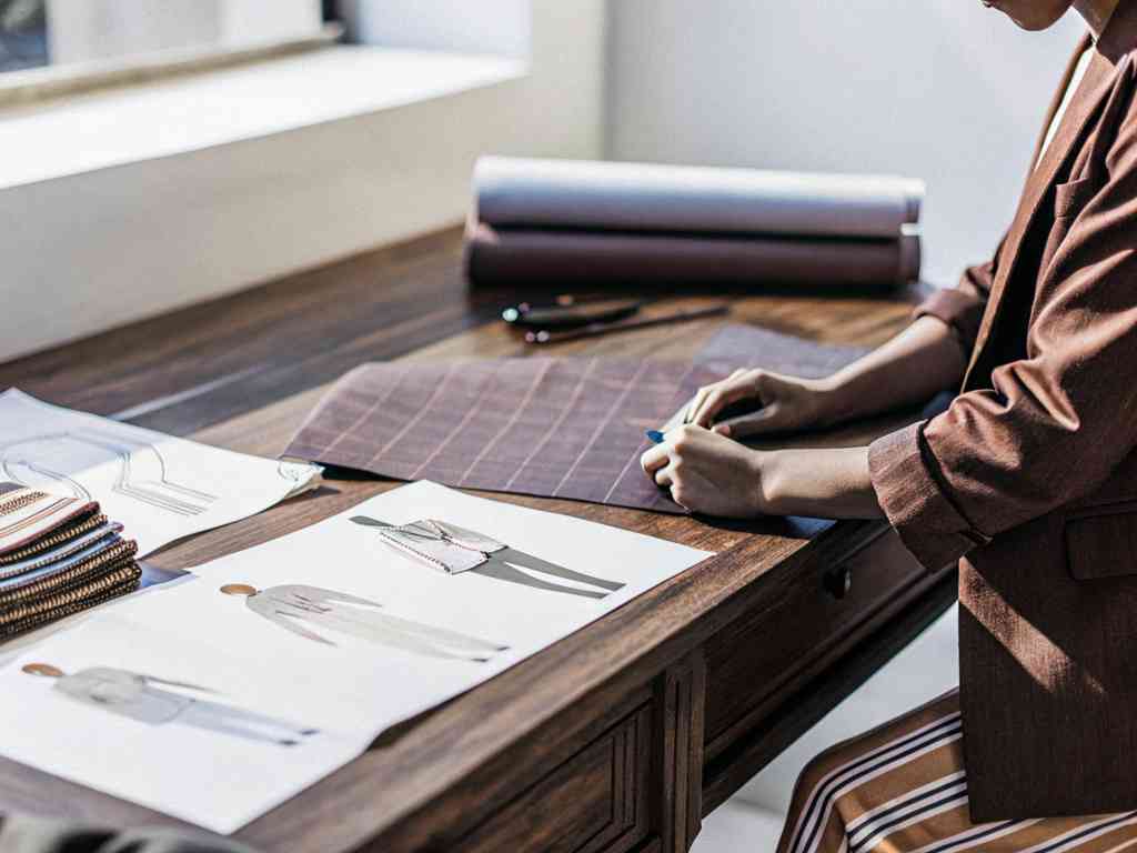 A fashion designer working on fabric with sketches and textiles on a desk.