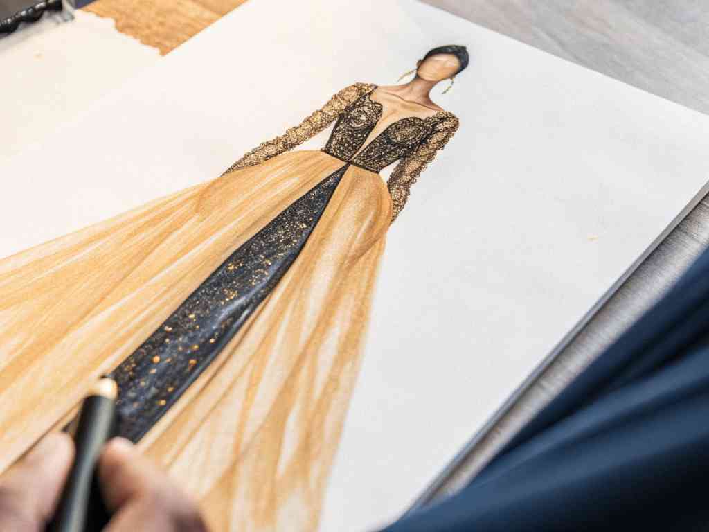 A designer sketching an elegant gown with gold and black details.