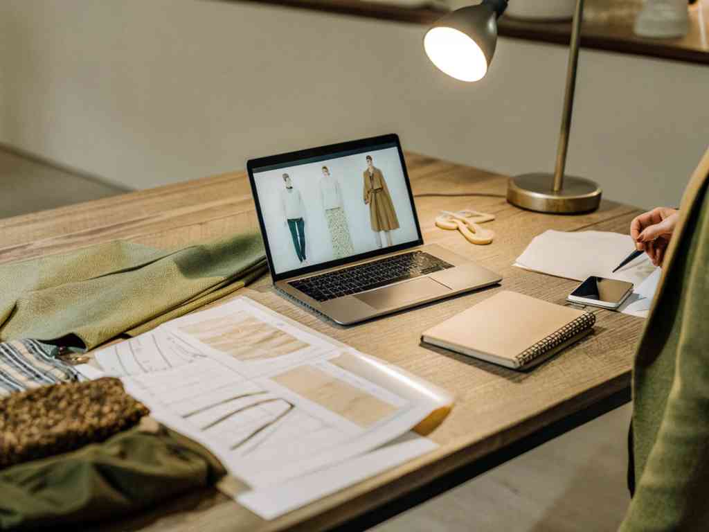 A workspace with a laptop displaying fashion designs, fabric samples, and sketches.