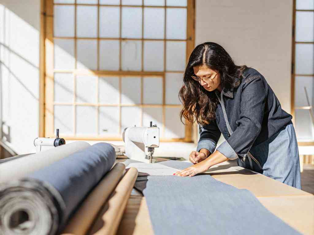 A designer cutting fabric in a sunlit studio with sewing materials.