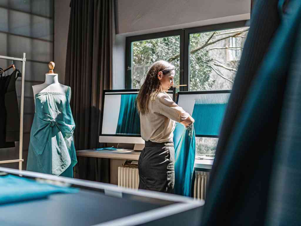 A fashion designer working with blue fabric in a studio, with a mannequin and digital screens displaying textile designs.