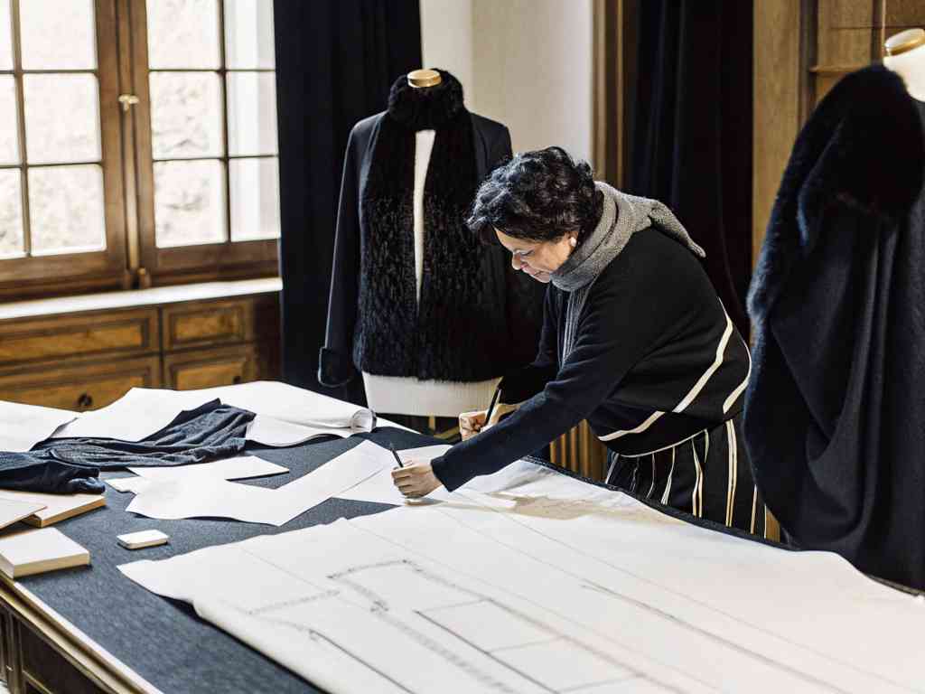 A fashion designer sketches patterns on fabric in a studio with mannequins.