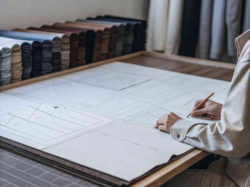 A designer drawing garment patterns on a large sheet of paper.
