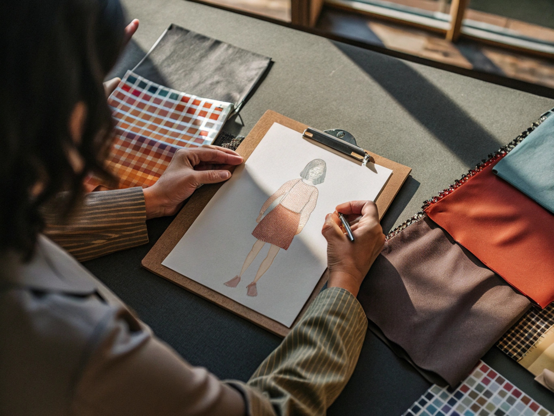 A designer sketching an outfit on a clipboard surrounded by fabric swatches