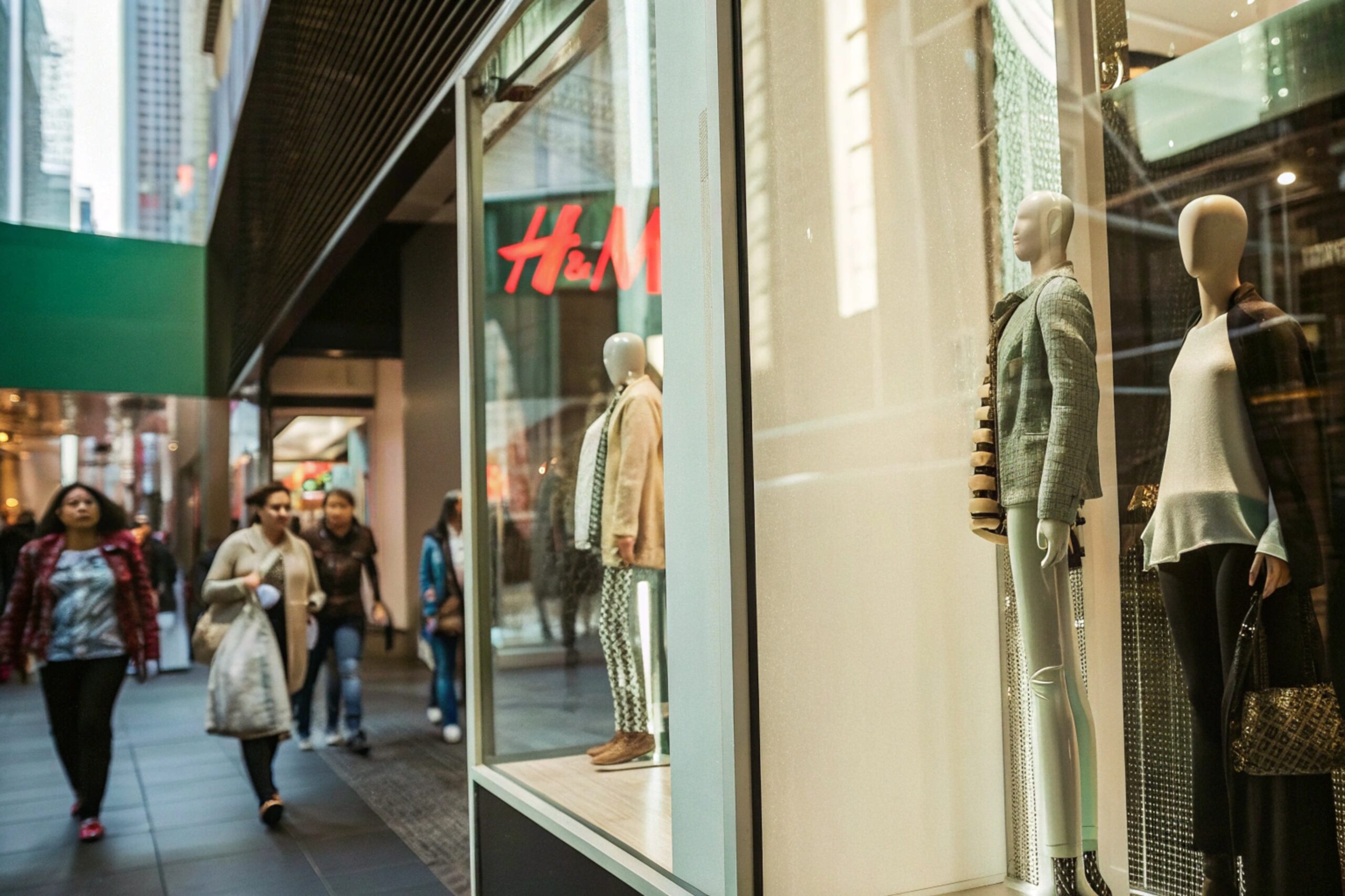 Mannequins in stylish outfits displayed in a store window, with shoppers passing by.