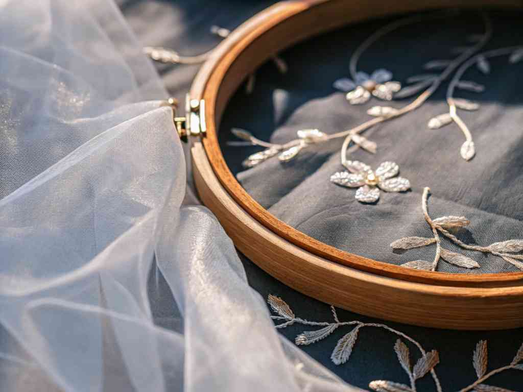 Embroidery hoop with delicate floral stitching on sheer fabric