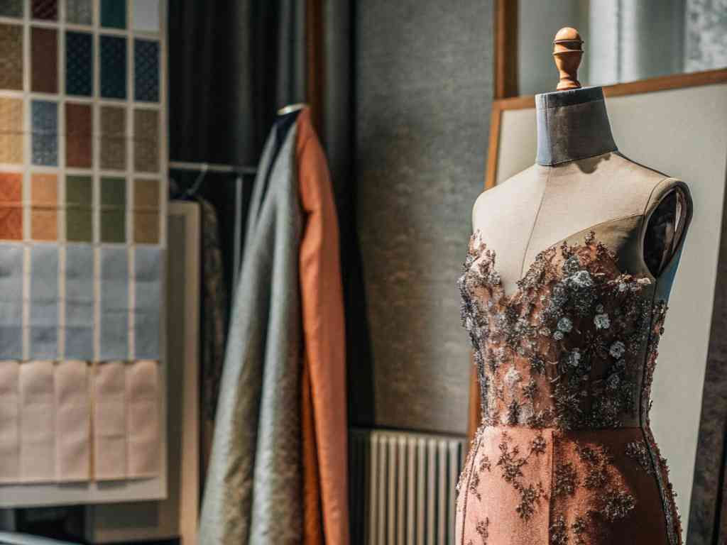 Embellished gown on dress form with fabric swatches in background