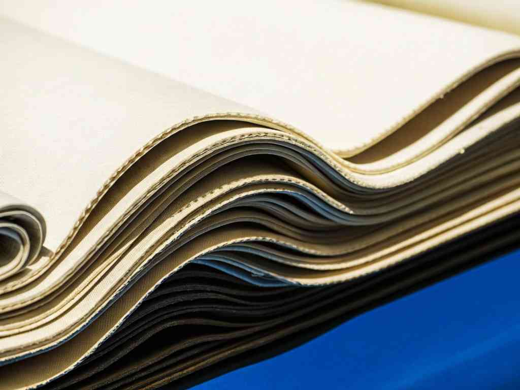 Neatly folded layers of beige textile fabric