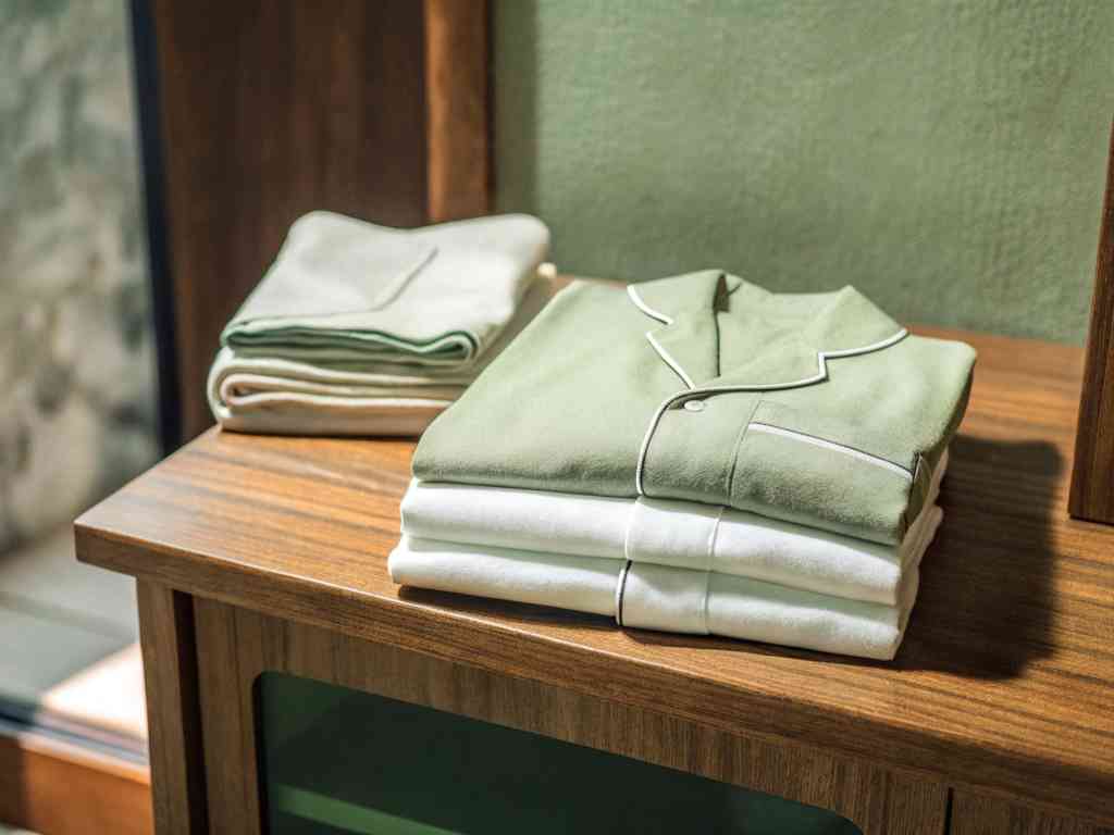 A neatly folded green and white pajama set on a wooden surface.