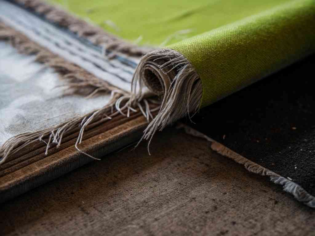 Close-up of frayed fabric rolls with green textile on top.