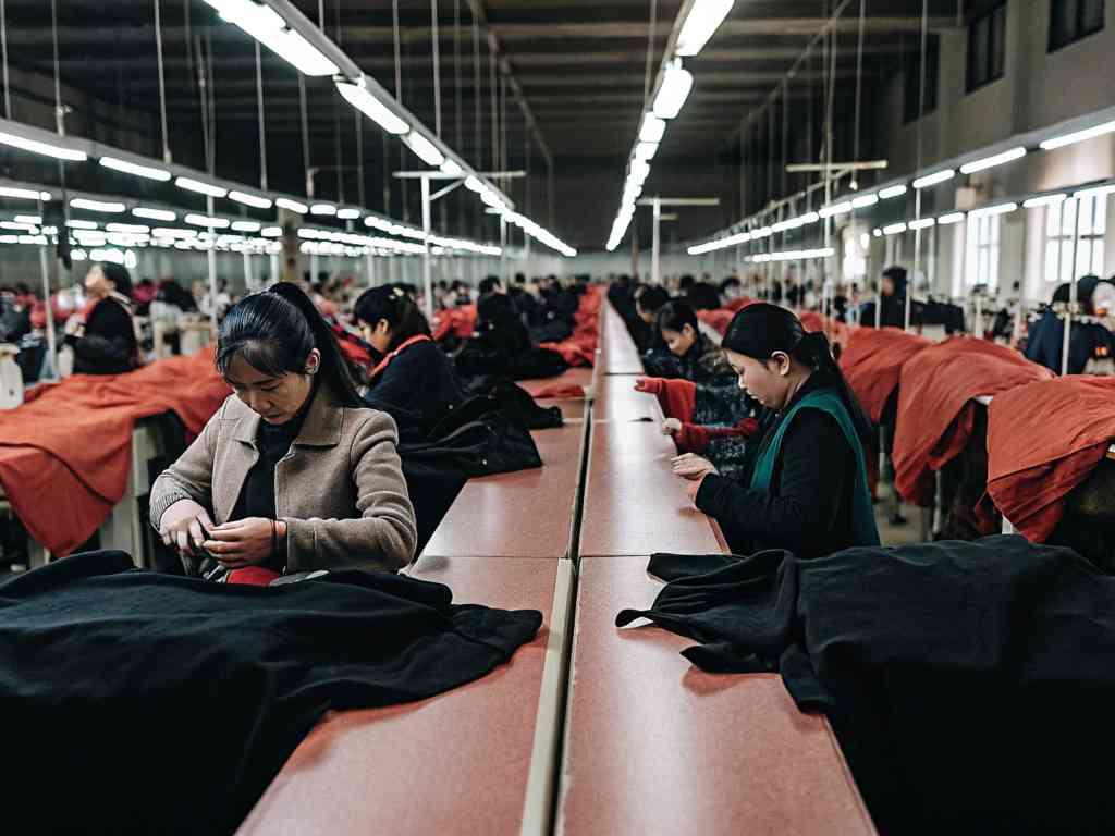 Workers in a garment factory inspecting and sewing black and red fabric.