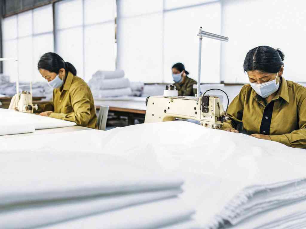 Workers sewing white fabric in a textile factory, focused on stitching.