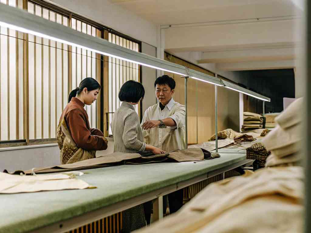 Three textile workers examining fabric in a well-lit workshop.