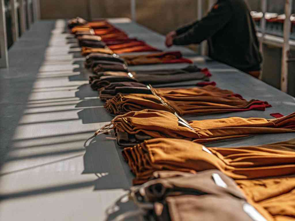 Folded garments sorted by color on a production table.