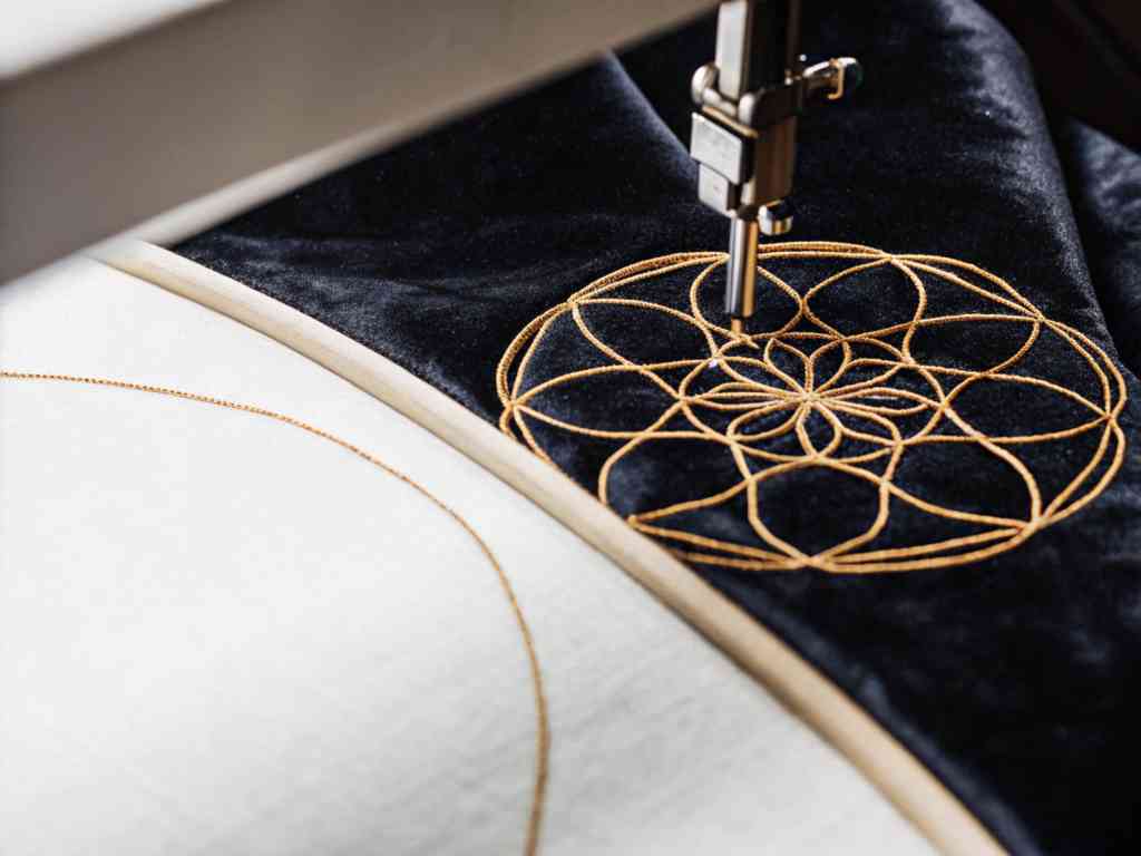 A machine embroidering a golden geometric pattern on black velvet fabric.