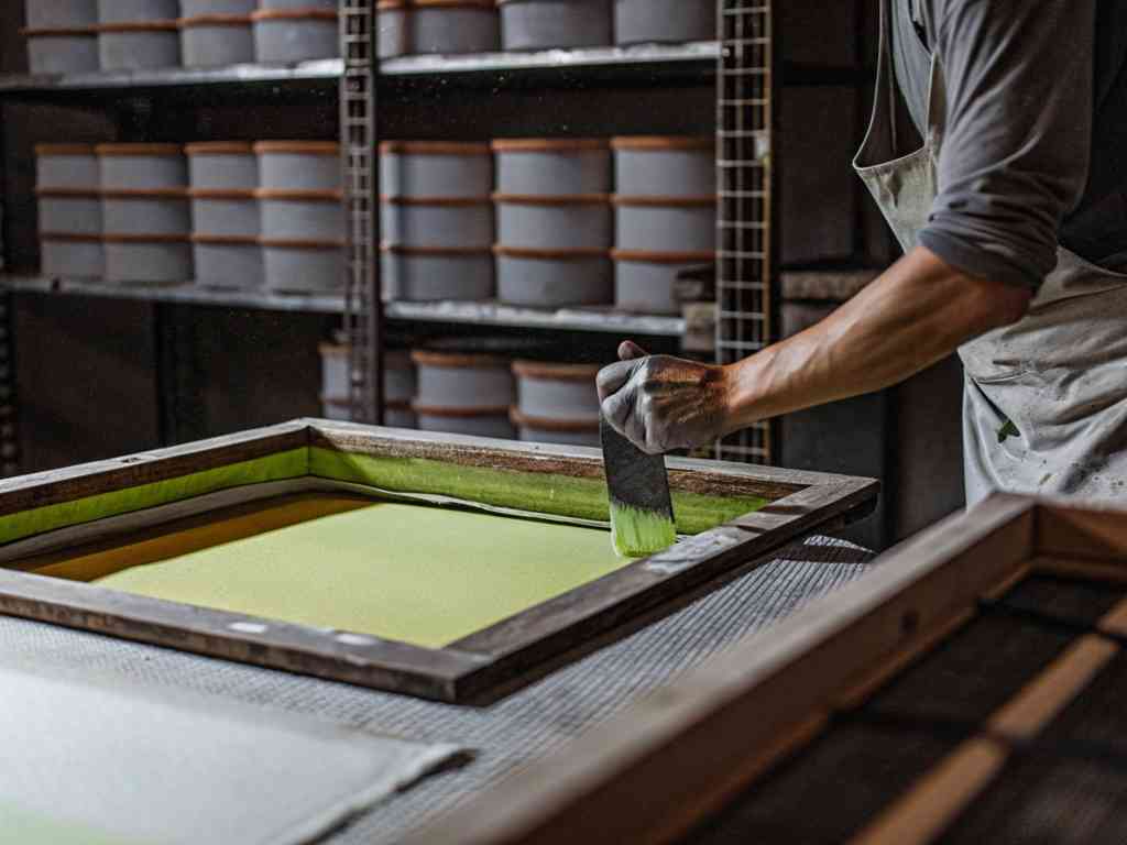 Artisan applying green ink with squeegee for screen printing