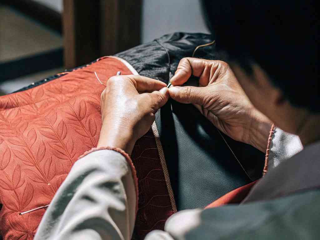 Close-up of hands stitching decorative fabric with a needle and thread.