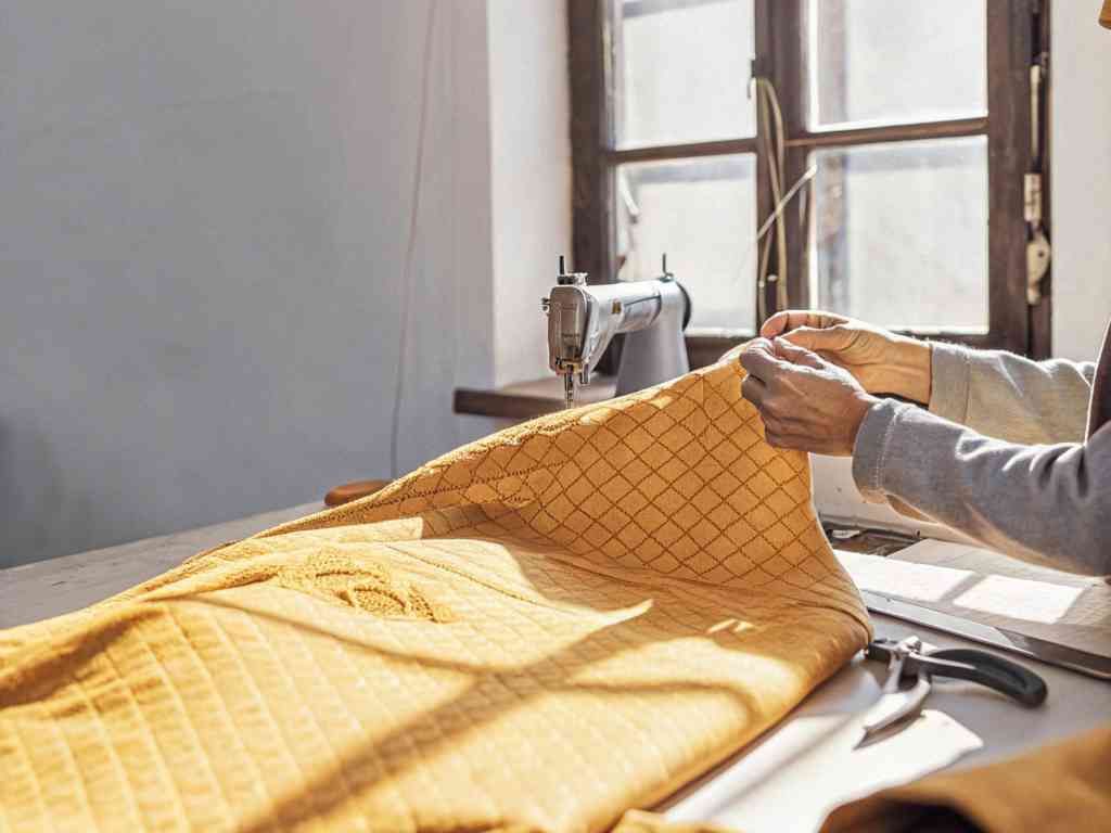 A tailor carefully inspecting golden fabric near a vintage sewing machine.