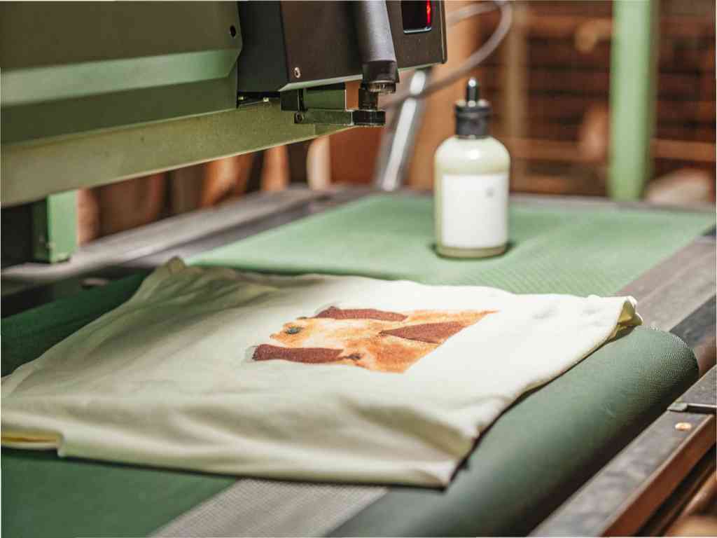 Printed t-shirt on heat press machine in factory