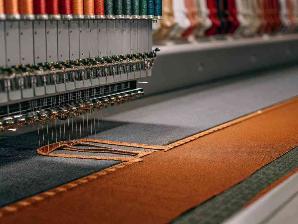 A multi-needle embroidery machine stitching an orange design on fabric.