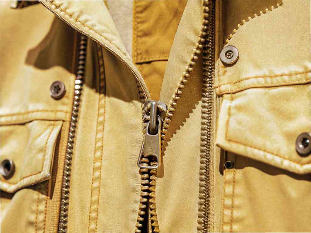 Close-up of golden jacket zipper and buttons
