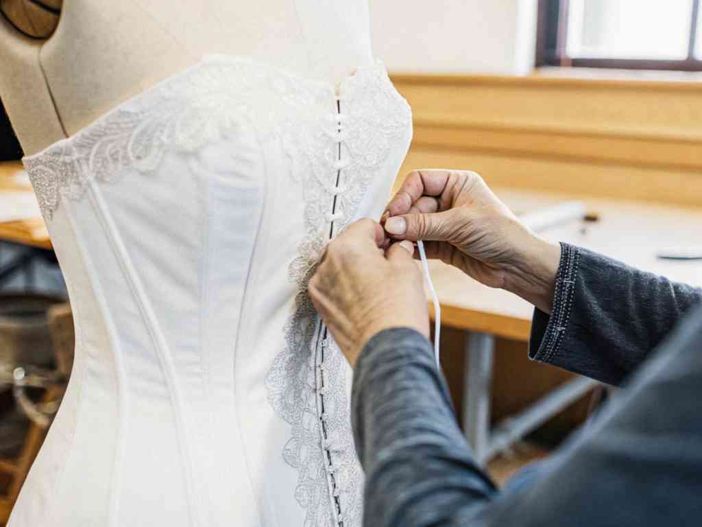 A person tightening the laces of a white lace corset on a mannequin.