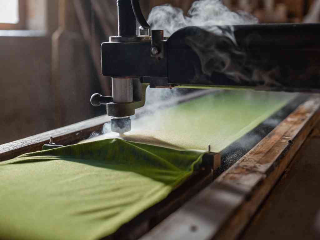 Laser machine cutting green fabric with smoke rising