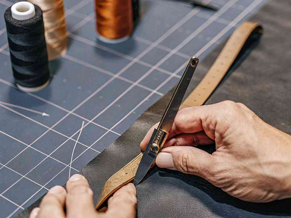 Craftsperson cutting leather strap with precision tool