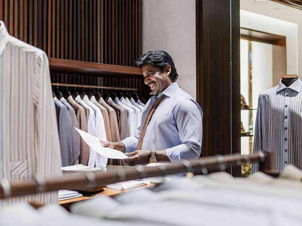 A man in a dress shirt smiling while reviewing documents in a high-end clothing store.