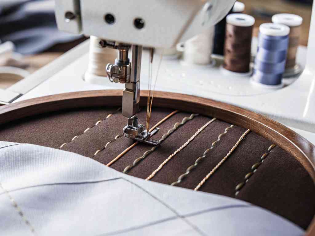 Sewing machine embroidering fabric in hoop frame