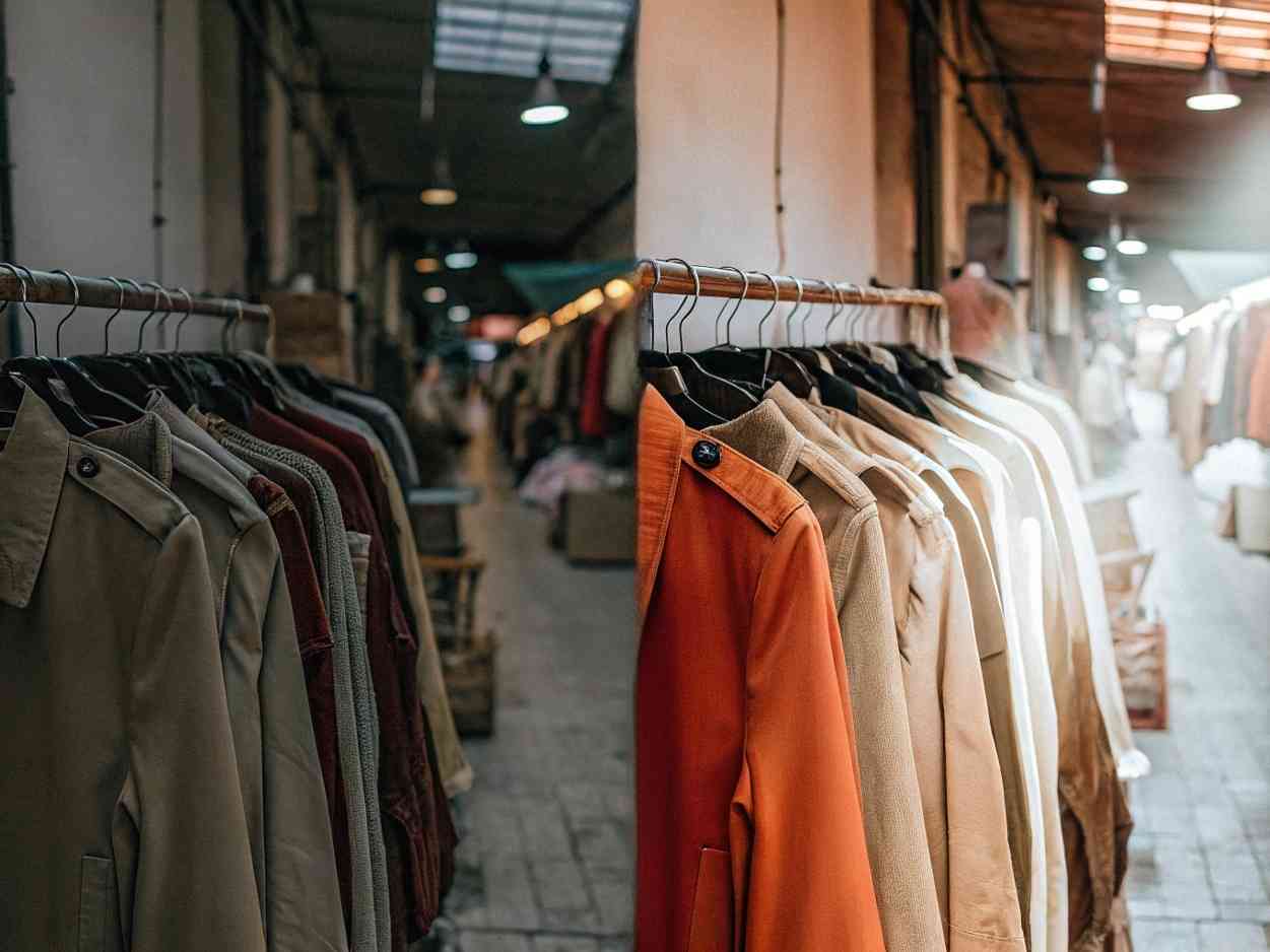 Assorted jackets hanging on racks in a vintage-style market.