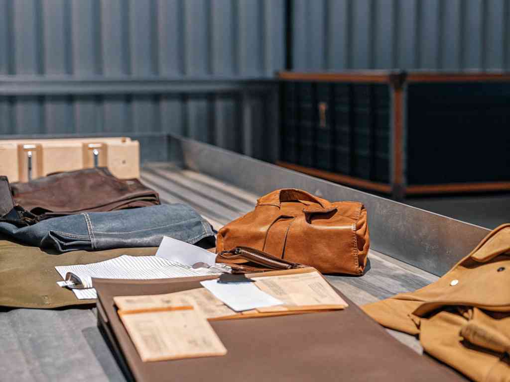 Assorted garments, leather bag, and fabric swatches on metal table.